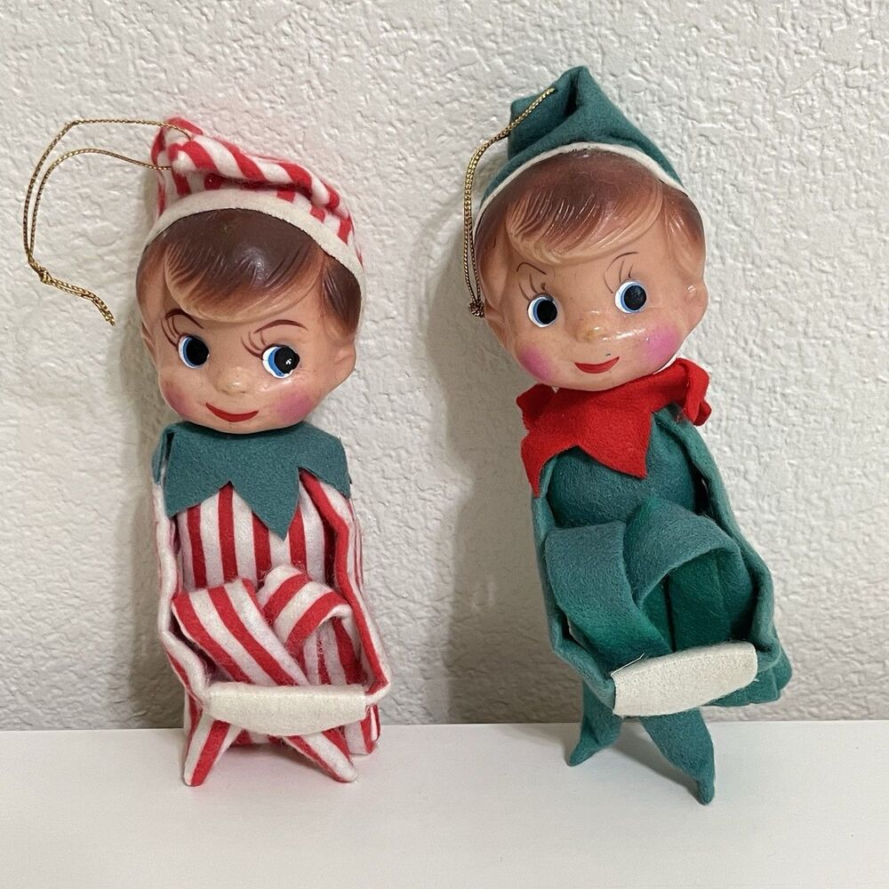 Vintage Knee Hugger Elf Pixie Doll Christmas Ornaments Rubber Face Lot of 2